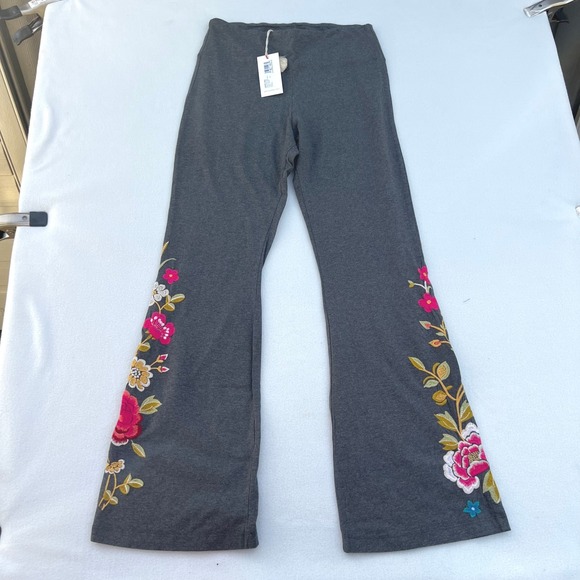JOHNNY WAS Celina High Waist Flare Legging Gray PS (6-8) Embroidered Floral Bird